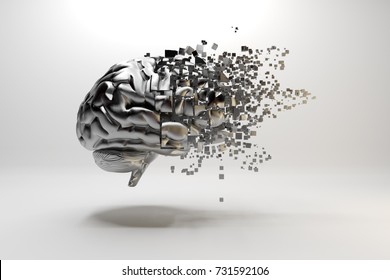 3D Illustration. A Metallic Brain Floating On A White Background And  Breaking Down Into Small Particles.
