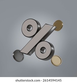 3D illustration of a metallic percent symbol surrounded by floating gold and black coins, representing interest rates, profit margins, or financial discounts in a sleek modern style.