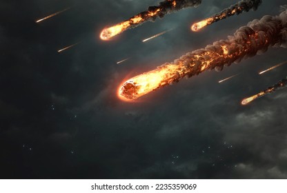3D illustration of A meteor shower falls to the ground. 5K realistic science fiction art. Elements of image provided by Nasa