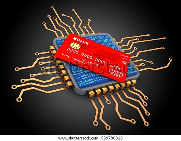 3d illustration of microchip over\
black background with bank card and binary code\
inside