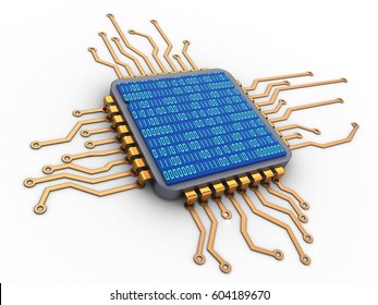 3d Illustration Of Microchip Over White Background And Binary Code Inside