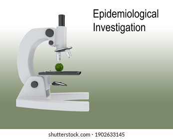 3D illustration of a microscope with a coronavirus particle and Epidemiological Investigation title, isolated over green gradient. 
