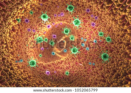 3d illustration of microscopic closeup showing viruses and intestine villus into digestive tract Stock photo © 
