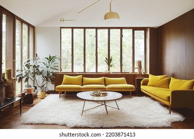 3d Illustration Of A Mid Century Modern Living Room 