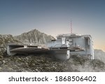 3D Illustration of a military base, with aircraft landing structures, a research bunker with communication antennas and observation decks, for space exploration games and science fiction backgrounds.