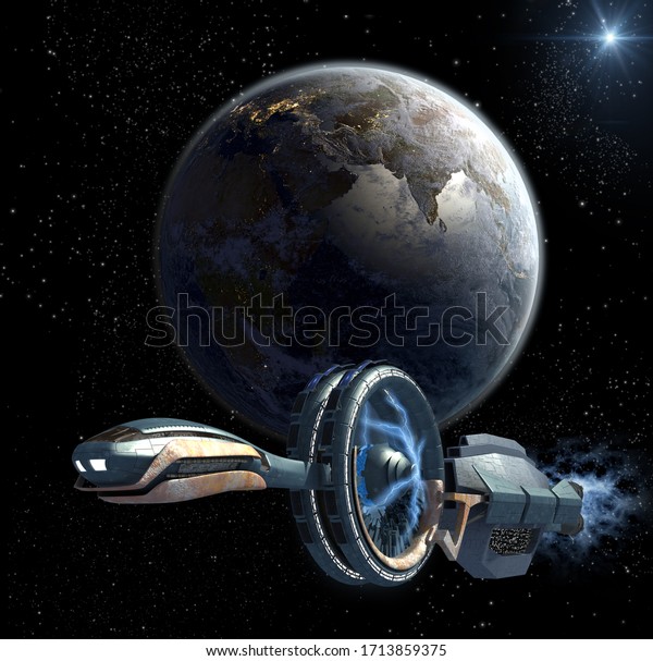 3d Illustration Military Spaceship Leaving Earth Stock Illustration 