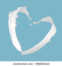 3d illustration, milk splash in the shape of a heart, Valentines day romantic symbol, liquid clip art isolated on blue background. White paint splashing