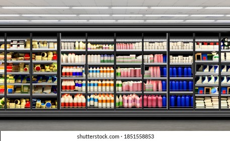 3D illustration of Milk and yoghurt product in Glass door fridge Horizontal photo mockup and plastic diary bottles in vertical freezer at supermarket. Suitable for presenting new Milk and yoghurt.