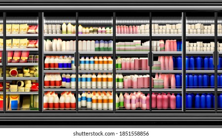 3D Illustration Of Milk And Yoghurt Product In Glass Door Fridge Horizontal Photo Mockup And Plastic Diary Bottles In Vertical Freezer At Supermarket. Suitable For Presenting New Milk And Yoghurt.