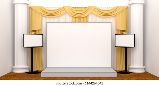 3d Illustration Mini Stage Empty Backdrop With 2 Led TV Background Curtain And Pillars. High Resolution Image.
