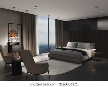 3d Illustration


Minimalist Room, Bed With Sheets And Cushions. Hotel Style Room With Large Window With Natural Light. To Become Night. In Ceiling Led Lights