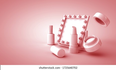 3d Illustration. Mirror, Lipstick, Nail Polish And Face Cream. Pink Pastel Colors Background. Makeup Concept