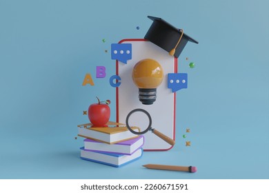 3D Illustration of mobile learning. e-learning and online courses application. Online education technology on smart phone application. 3d illustration
