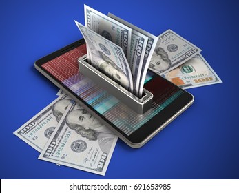 3d illustration mobile phone over blue background and banknotes   money