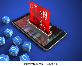 3d illustration mobile phone over blue background and binary cubes   bank card