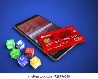 3d illustration mobile phone over blue background and cubes   credit card