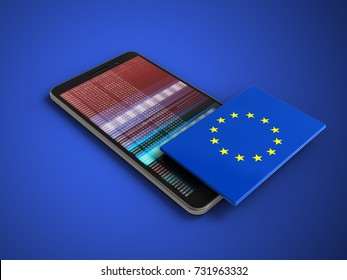 3d illustration mobile phone over blue background and EU flag