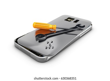 3D illustration, Mobile phone repair. Broken mobile phone with screwdriver and spanner.