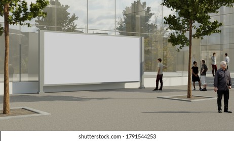 3D Illustration Mock Up Large Blank Outdoor Billboard On Street Near Building,  Many People Walking Around And Young Man Standing  Looking On Advertising Banner, 3D Rendering