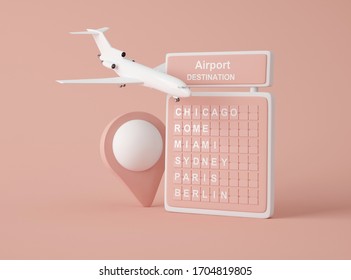 3D Illustration. Mockup of an airplane, airport board and map pointer against pink background. Travel concept.