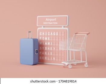 3D Illustration. Mockup of an airport board and travel icons against pink background. Travel concept. Travel icons.