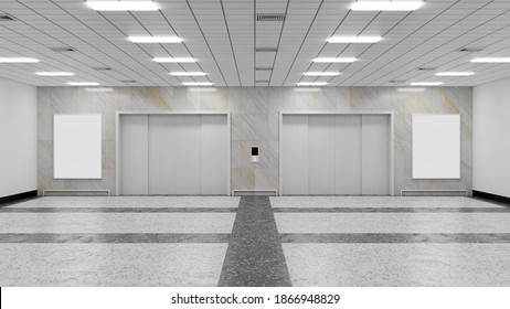 3D illustration, Mockup billboard and  two large metallic elevators, lighting on ceiling, marble wall and floor at hall way in business building, Panoramic 3D rendering 
