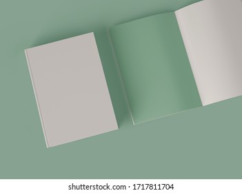 3D Illustration. Mockup of blank hardcover book and an open book against green background. Set of book template in different views.