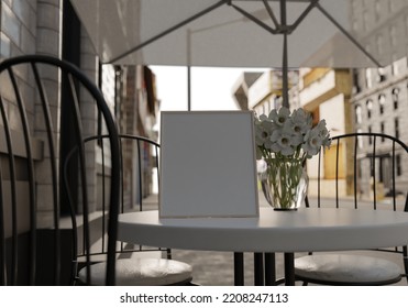 3D Illustration Mockup Blank Menu Board On Table At Coffee Shop Outdoor Of Building At Downtown, Empty Space For Insert Advertising, Communication Marketing, Rendering