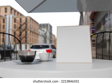 3D Illustration Mockup Blank Menu Board On Table At Coffee Shop Outdoor Of Building At Downtown, Empty Space For Insert Advertising, Communication Marketing, Rendering