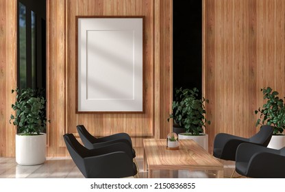 3D Illustration, Mockup Photo Frame For Picture Or Poster Promotion On The Wall Of Room In Hotel Or Lobby Or Hallway, Decoration In Minimal Style With Wooden And Plant, Rendering