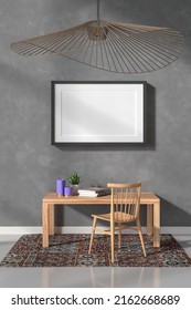 3D Illustration, Mockup Photo Frame On The Wall Of Lounge, Interior Of Comfortable With Simple And Beautiful Wooden Furniture, Rendering