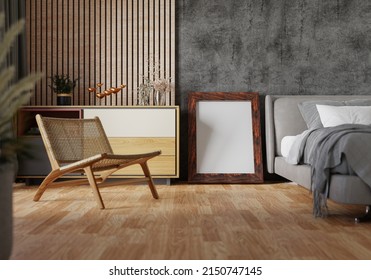 3D illustration,  Mockup picture frame on parquet floor near the bed in bedroom, Interior of comfortable with luxury and beautiful furniture and decorate with houseplant in pot, rendering - Shutterstock ID 2150747145