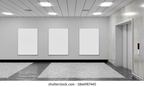 3D illustration, Mockup three signboard arrange on the wall at front of metallic elevators, lighting on ceiling, marble wall and floor at hall way in business building, Panoramic 3D rendering 