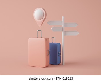 3D Illustration. Mockup Of Travel Suitcase, Signpost And Map Pointer Against Pink Background. Travel Concept.