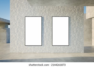 3D Illustration. Mockup Of Two Vertical Blank Advertising Posters Or Screens