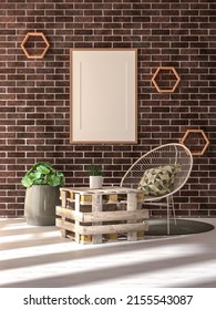 3D Illustration, Mockup Vertical Photo Frame On Beautiful Wall, Wicker Chair And Luxury Furniture At Living Room Or Lobby, Hallway With Plant In Pot, Rendering
