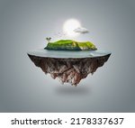 3d illustration model of strange isolated wild island in clouds and sky with sea and mountain on rock surrounded by mountains and water. 3d isolated island model with water and mountain.