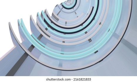 3D Illustration Of Modern Architecture. Roof Or Ceiling Structure. Abstract Hi-tech Building. Round Dome Shape. Commercial Estate. Minimal Background Resembling Target. Geometric Pattern Of Curves.