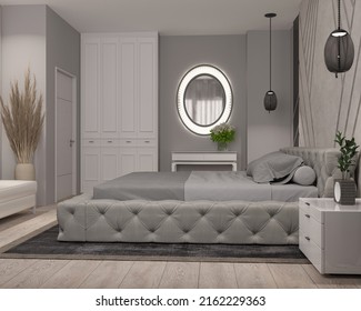 3d Illustration. Modern Bedroom In Light Gray Tones, Velor Bed And Upholstered Wall Panel, Dressing Table With Pouffe, Illuminated Mirror. Chandelier And Pendants. 3d Render.