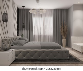 3d Illustration. Modern Bedroom In Light Gray Tones, Velor Bed And Upholstered Wall Panel, Dressing Table With Pouffe, Illuminated Mirror. Chandelier And Pendants. 3d Render.