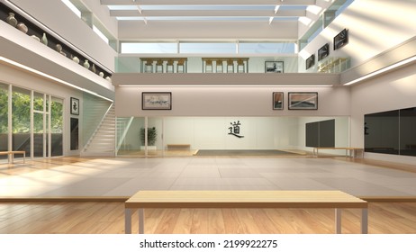 3D Illustration Of Modern Dojo Or Karate School With Light And Bright Atmosphere.  Gym Has Two Mats With One Private Area Behind Glass.  Kanji Means 