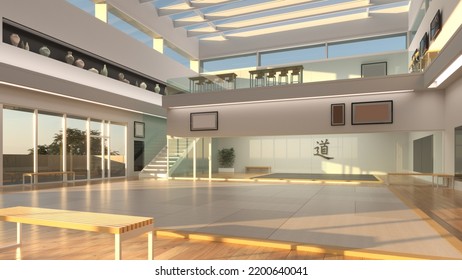 3D Illustration Of Modern Dojo Or Karate School At Golden Hour.  Gym Has Two Mats With One Private Area Behind Glass.  Kanji Means 