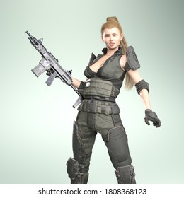 3D Illustration Of Modern Female Soldier With A Rifle With Fake Brand Logos