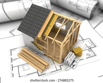 3d illustration of modern frame house project model