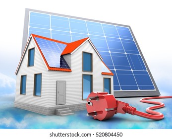 3d Illustration Of Modern House Over Clouds Background With Solar Panel And Power Cord