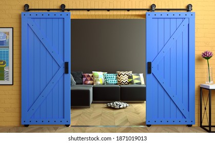 3d Illustration. Modern Interior In Loft Style Barn Sliding Wooden Door In Loft Room. Studio