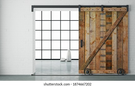 3d Illustration. Modern Interior In Loft Style Barn Sliding Wooden Door In Loft Room. Studio