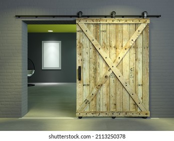 3d Illustration. Modern Interior In Loft Style Barn Sliding Wooden Door In Loft Room. Studio