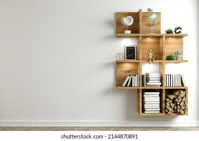 3d illustration. Modern interior in loft style background white new light wall. Furniture and shelves. Bookcase. Studio for creativity
