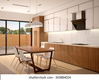 3d Illustration Of Modern Kitchen Interior And Dining Room In A New House In Warm Colors With A Beautiful View Outside The Window